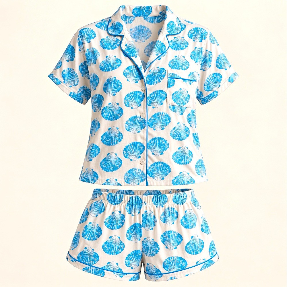 Aerie Pajama Set Women's XXL White Blue Graphic Print Collared Button Shorts